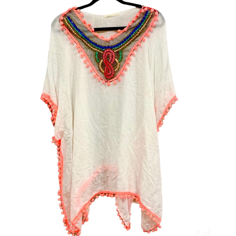 Do everything in Love beaded White swim coverup Pom poms OS one size